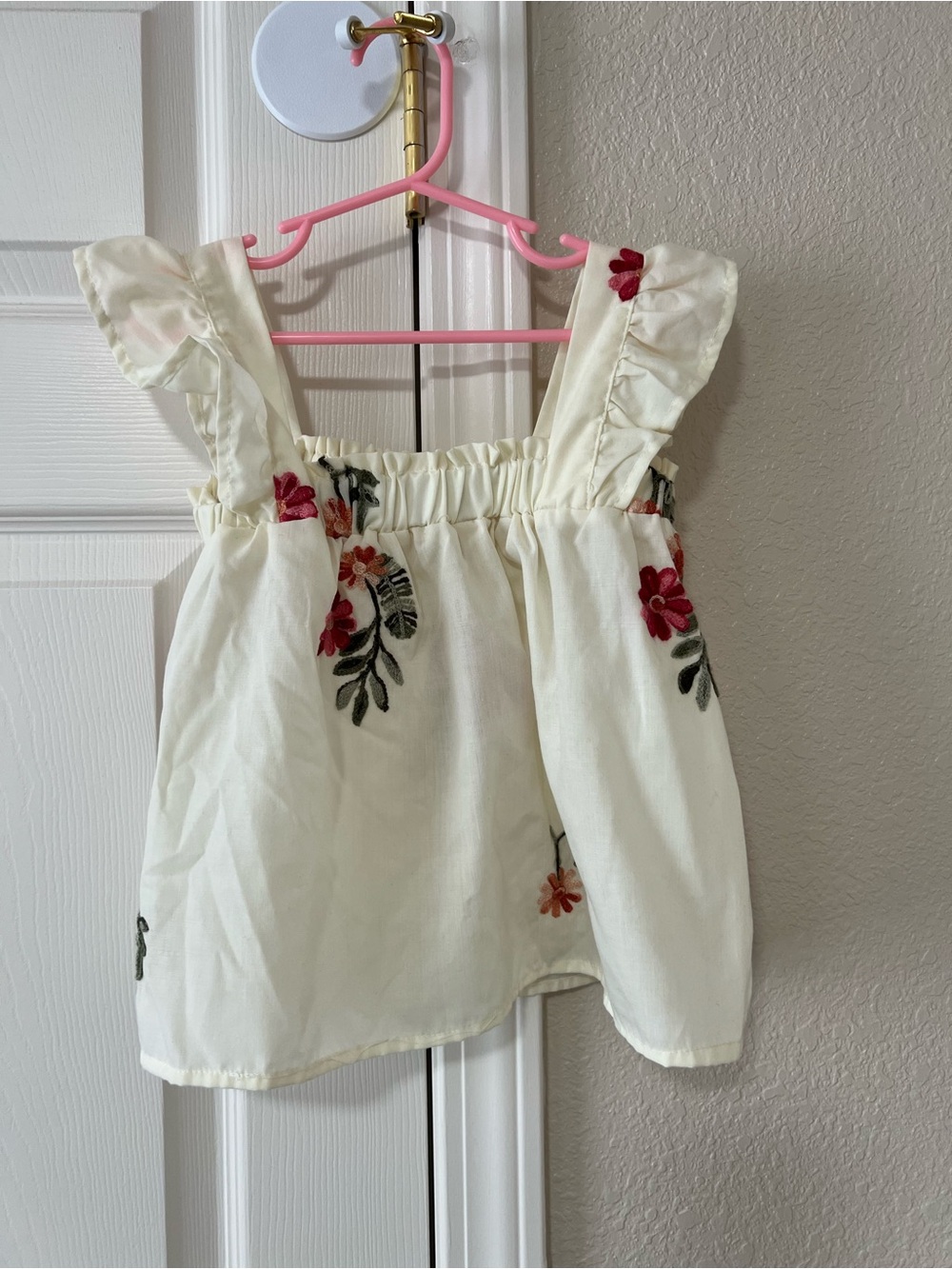 Girls Ivory Floral Embroidered Ruffle Sleeve Boho Cottage Top